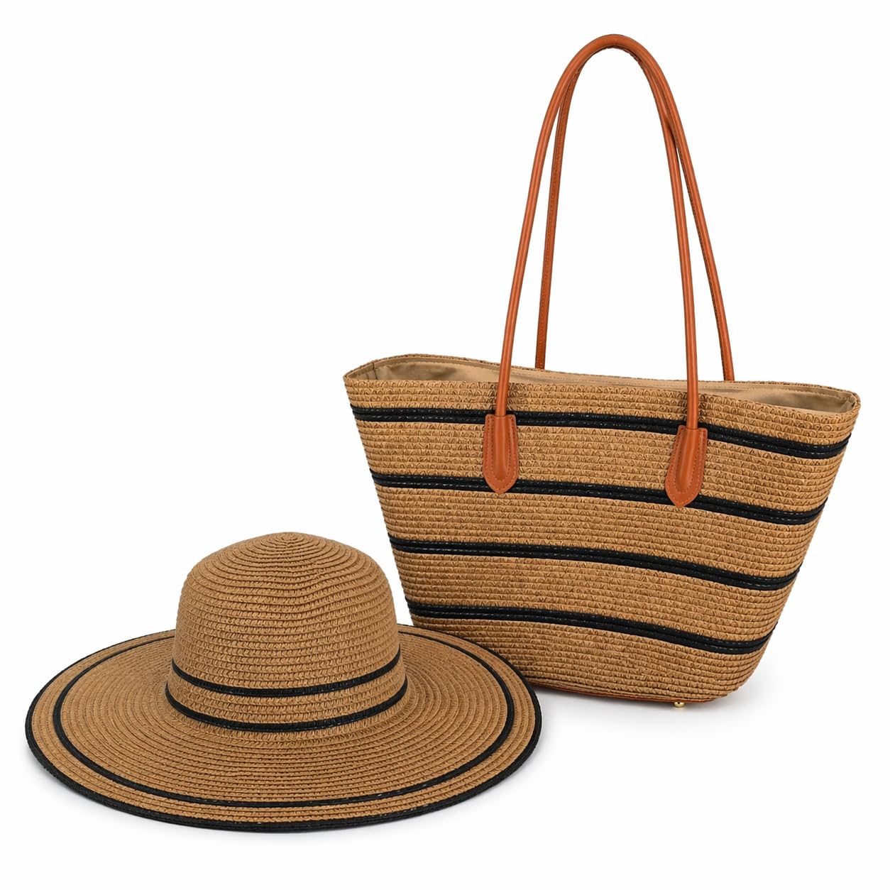 Generisch Damen Sommer Strand-Set, Strohtasche & Hut, Schwarz, Papiermaterial, Tasche 40x60 cm, Hut 41x13 cm | Strand und Urlaub