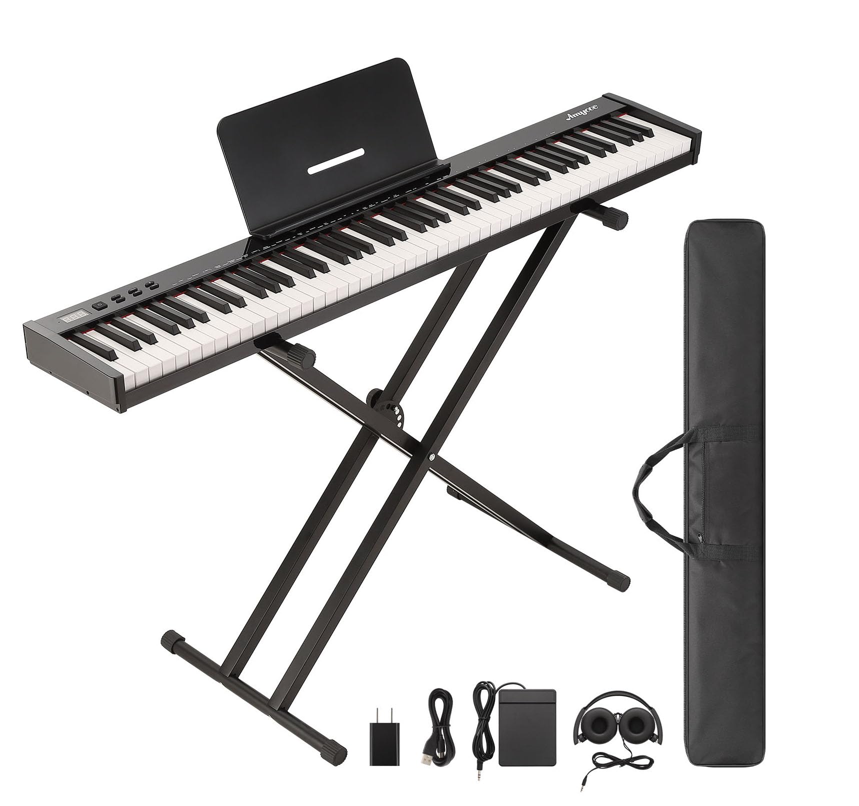 88-Key Portable Electronic Piano Complete Set - with Bluetooth, Piano Stand, Piano Case, Headphones, Power Adapter and Note Stickers - Full-Size Digital Electronic Piano,for beginners