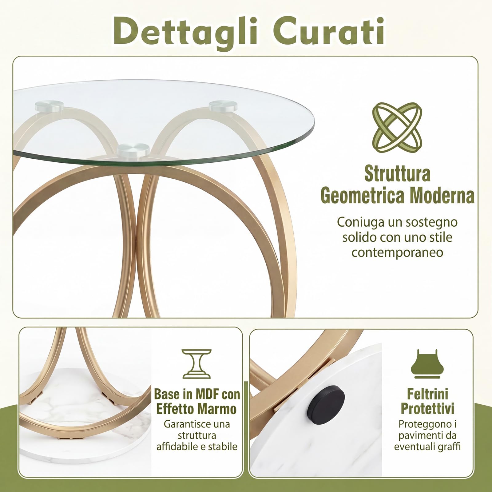 SOARS Tavolino da Caffè in Vetro Temperato, Tavolino Rotondo con Struttura in Metallo Dorato e Geometrico, Tavolino Moderno per Salotto, Camera, Cucina e Sala da Pranzo, Portata 30 KG