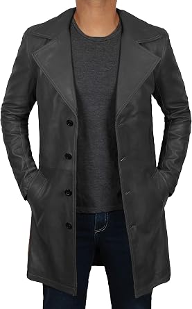 Leather Trench Coat Mens - 100% Real Leather Duster Overcoat Men Jacket