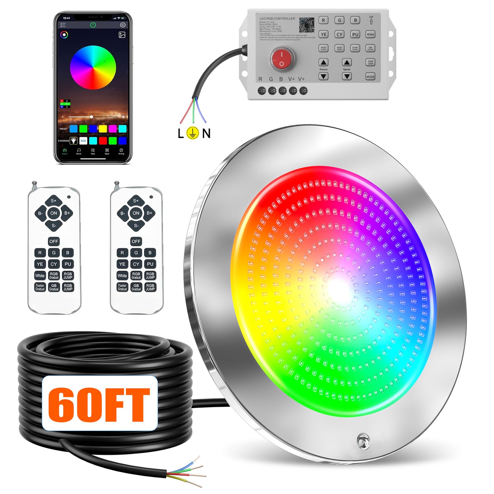 Photo 1 of PoCare Pool Lights for Inground Pool, 60Ft 54W 10Inch LED Inground Pool Light with 3 Control Way (App/Remote/Controller), Color Changing Underwater Swimming PoolLight for 10" Large Wet Niches