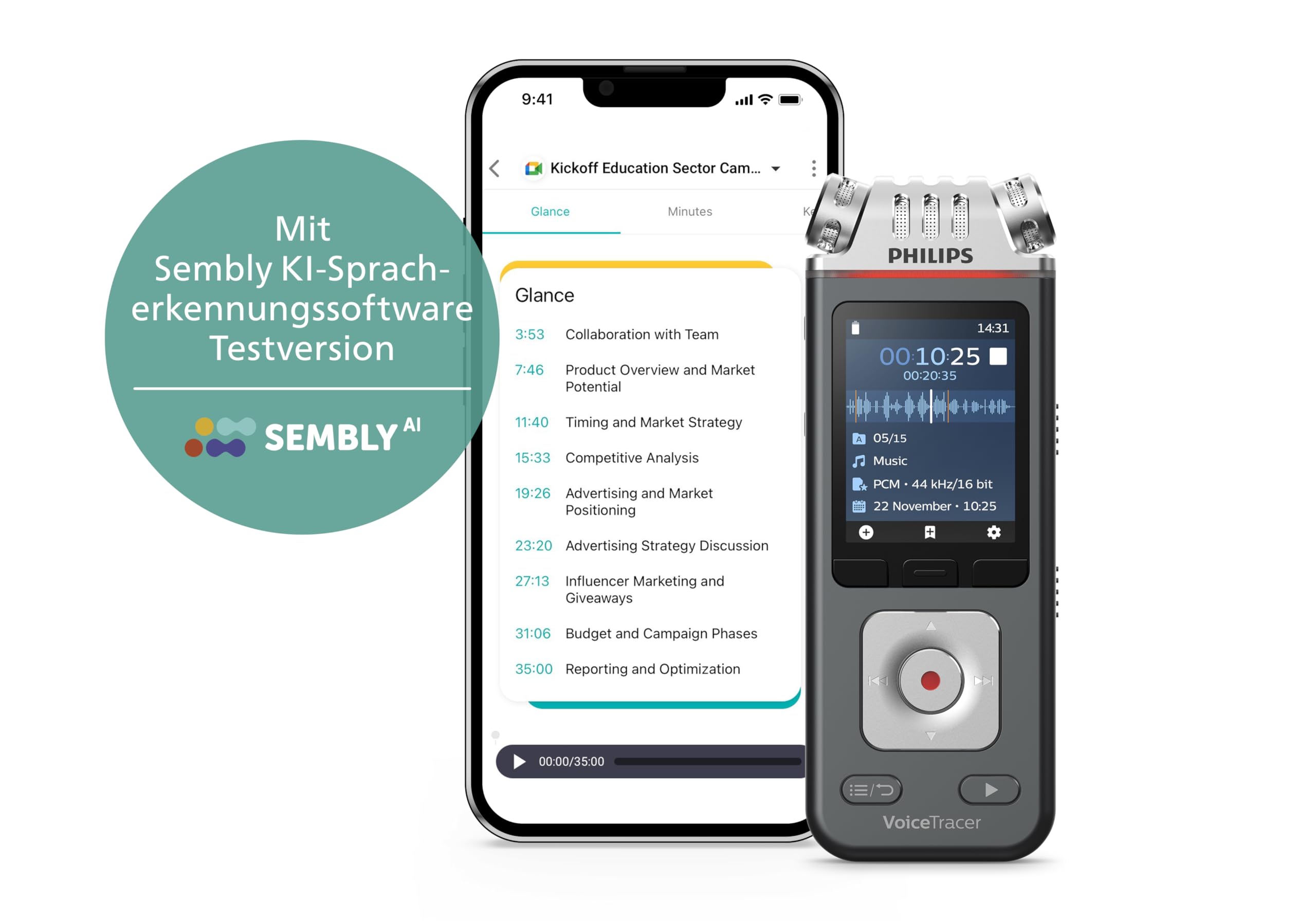 Philips DVT6115 VoiceTracer, Diktiergerät, Aufnahmegerät, 3 HiFi Mikrofone für Musikaufnahmen optimiert, inkl. Sembly AI-Testlizenz: Transkription & KI-Zusammenfassungen