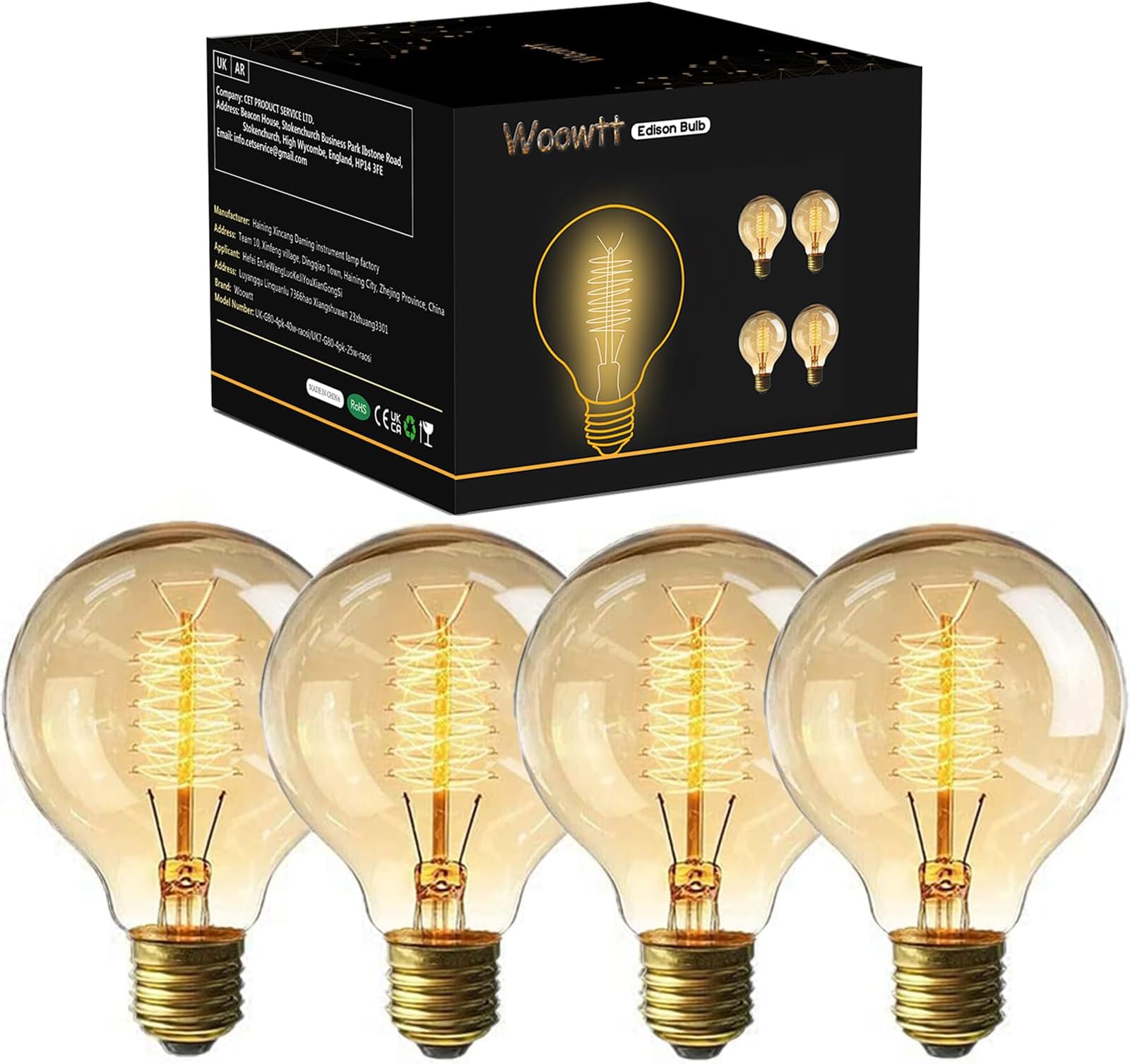 Vintage Edison Light Bulbs, Dimmable Screw Edison Bulb Globe Bulbs Retro Spiral Lamp Warm Light 40w G80 E27 220V-4Pack