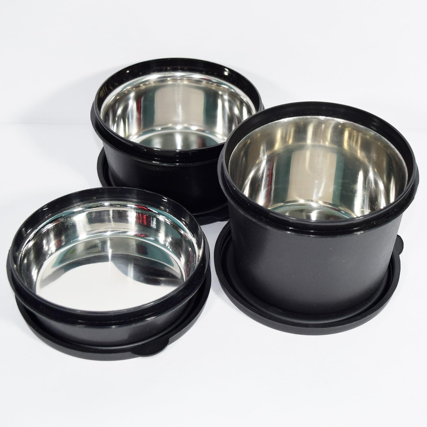PRESCO Stainless Steel Teso Container Set | Microwave Safe and Dishwasher Safe Food Storage Bowls with Airtight Lids | Leak-Resistant Lunch Bowls (Set of 3) (Black)