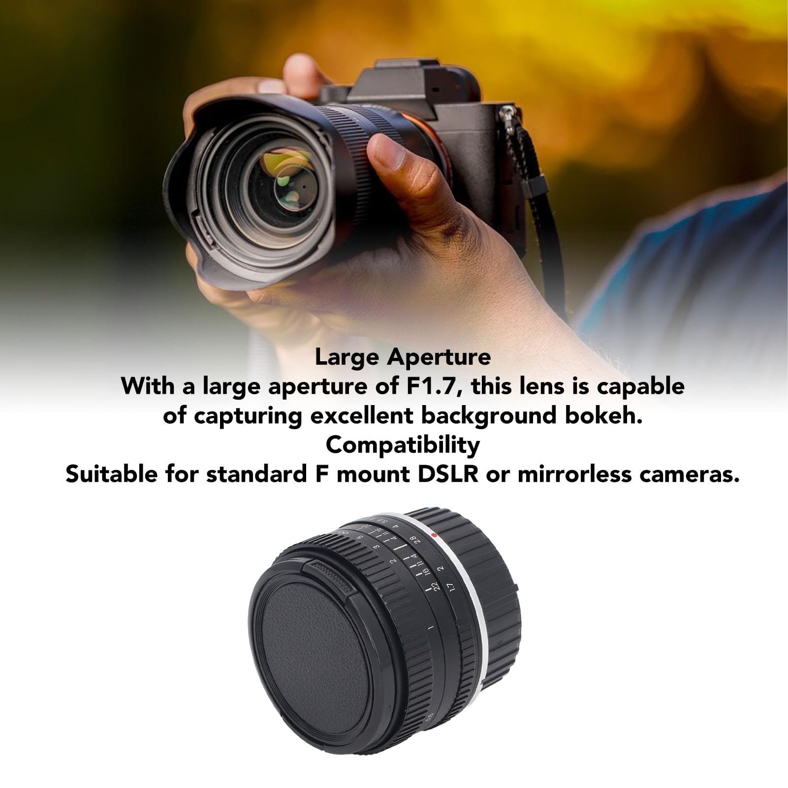 Obiettivo da 50 Mm F1.7 Ad Ampia Apertura, Obiettivo per Ritratto Full Frame per Fotocamera con Messa a Fuoco Fissa Manuale per DSLR con Attacco F, Fotocamera Mirrorless con