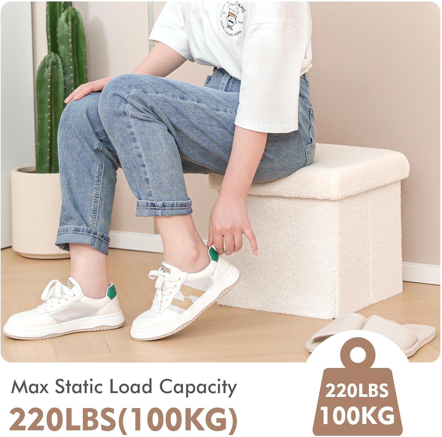 B FSOBEIIALEO Small Storage Ottoman Cube Sherpa Ottomans Foot Rest, Foldable Boucle Ottoman, Faux Teddy Fur, Cream White 12.6"x12.6"x12.6" - Image 5