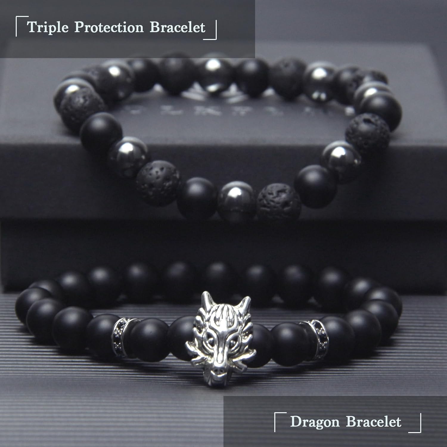 Black Obsidian Bracelet for Men - Black Tourmaline Beaded Bracelets - Mens Bracelet Set 8MM Black Onyx Hematite Lava Stone Beads Triple Protection Bracelet for Men Women Gifts - Image 5