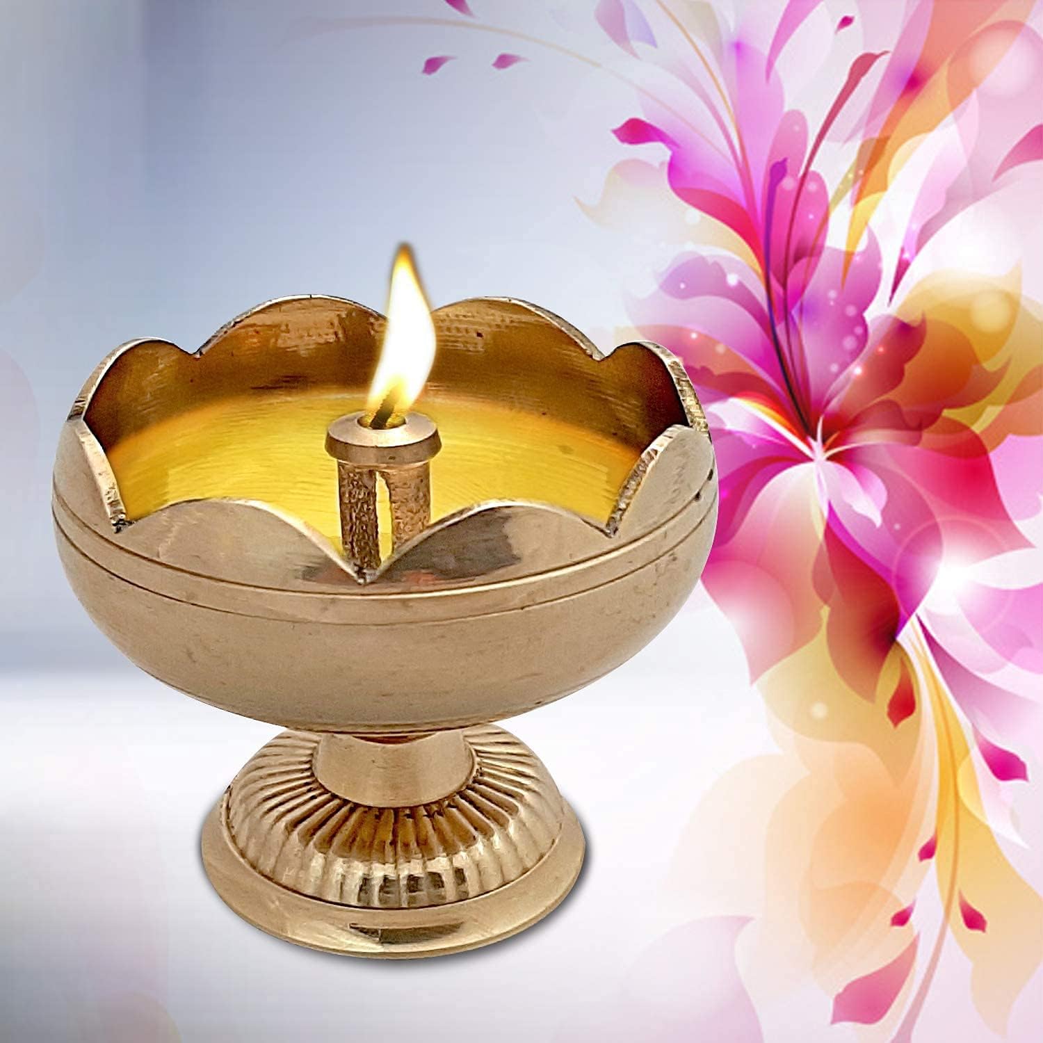 Flower Design Brass Diya Puja Deepak Oil Lamp (Height 4 cm, Diameter 4.5 cm) -Set of 1