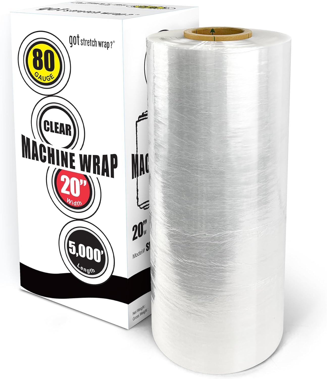 8NET 20" x 5000', Heavy Duty Machine Length Stretch Wrap, 80 Gauge, Clear Plastic Shrink Wrap Film, Case of 1 Roll