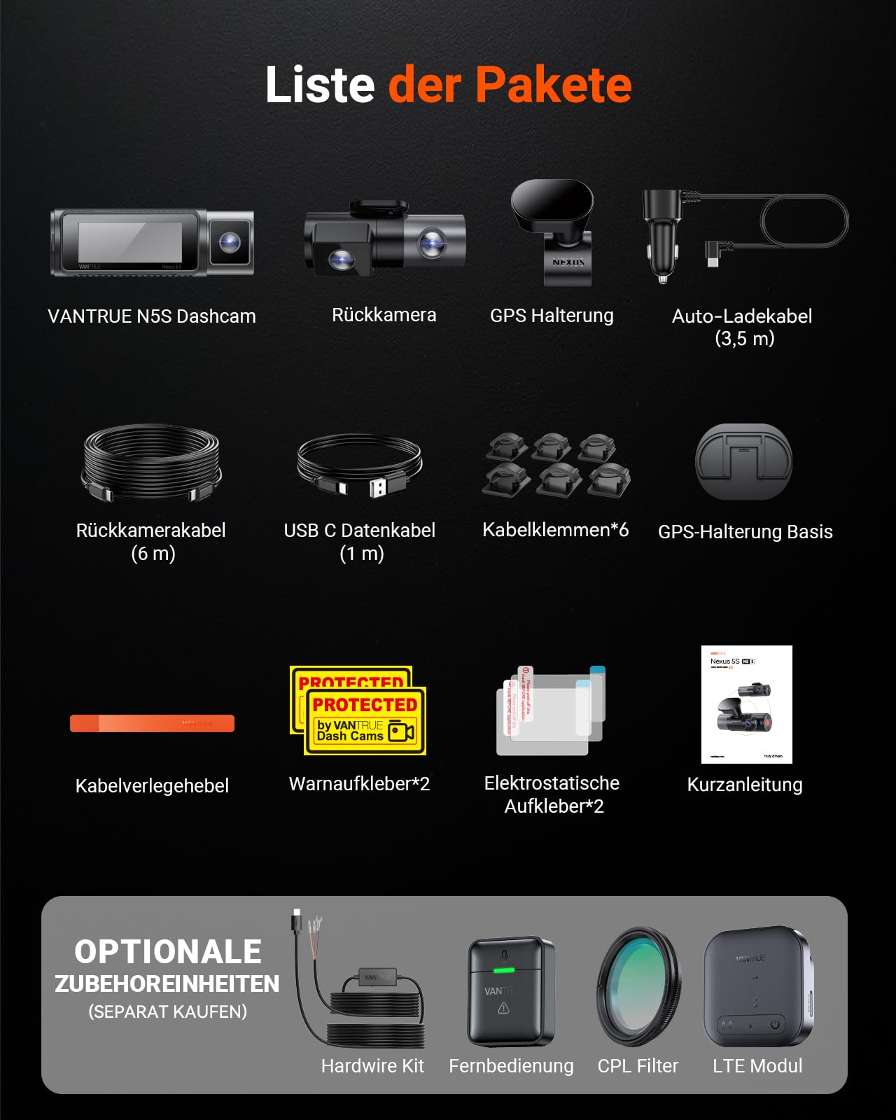 VANTRUE N5S 4 Kanal STARVIS 2 Dashcam 2.7K+ 1080P+ 1080P+ 1440P HDR+ WDR 5G WLAN Sprachsteuerung GPS 24Std. Parkmodus