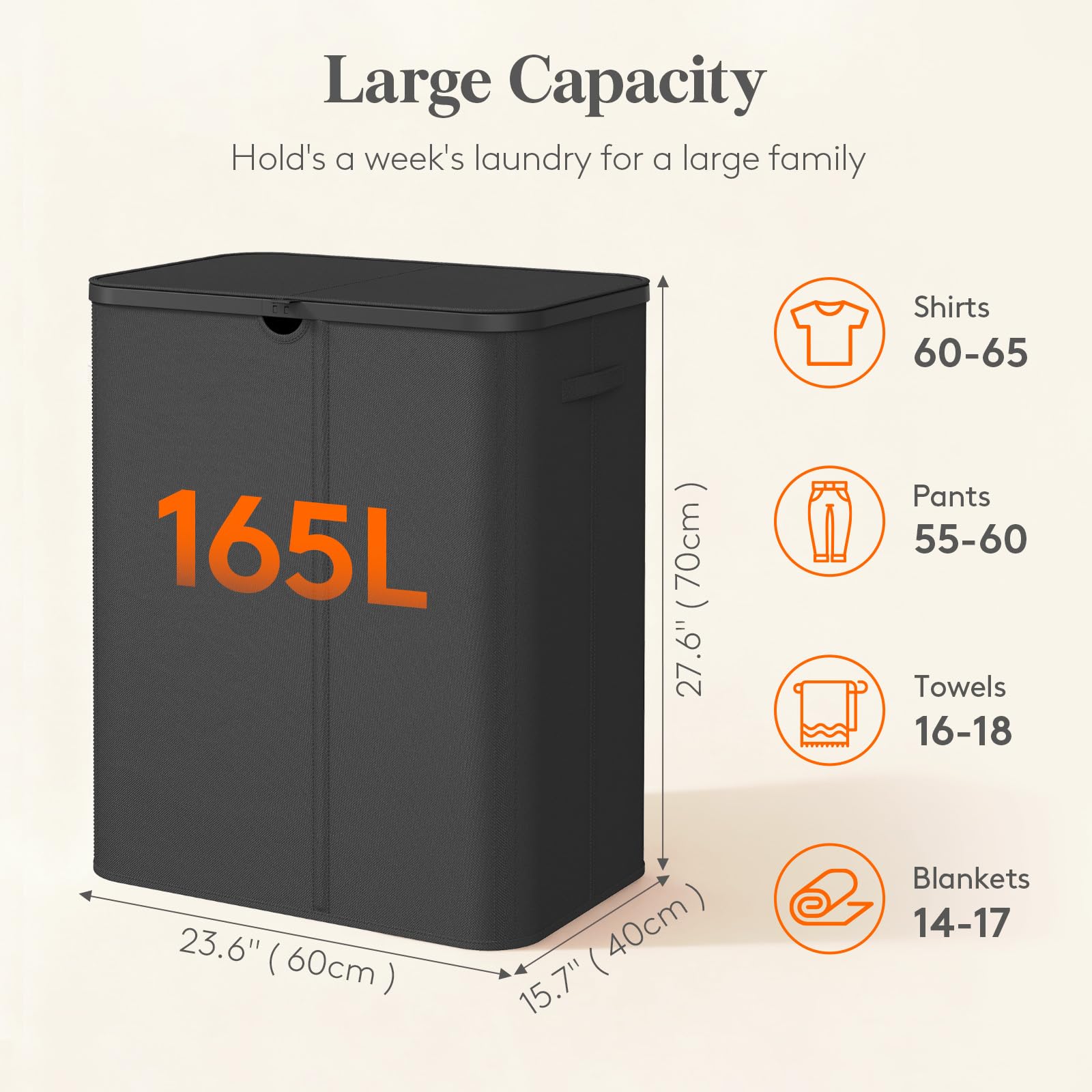 Lifewit Cesto Biancheria Sporca 2 Scomparti, Cesta Panni Sporchi con Sacchi Lavabili, Cesto Portabiancheria, Laundry Basket per Bagno, Camera da Letto e Lavanderia, 165 L, Nero