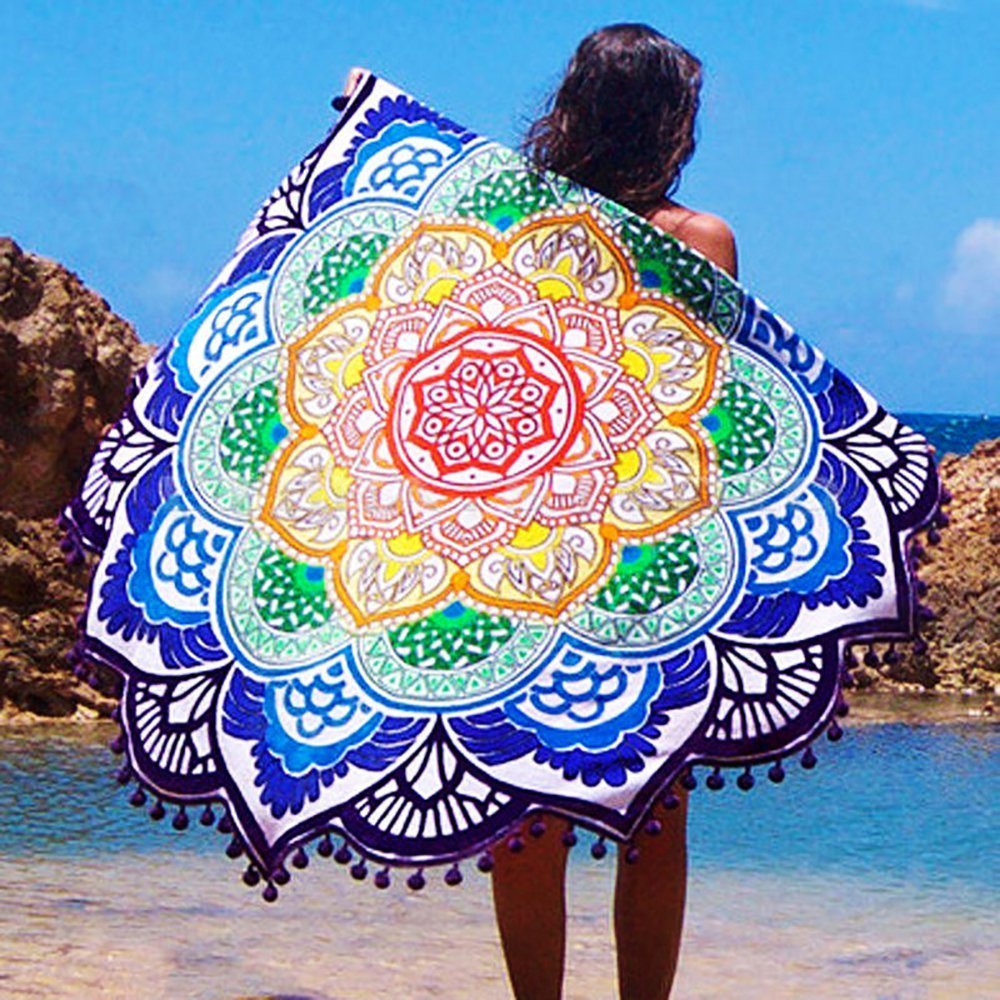 Lieson Telo Microfibra Spiaggia, Asciugamano Mare Rotondo 150x150CM Senza Sabbia, Asciugatura Rapida, Ultra Morbido Fiori e Foglie Arancione Rosso Verde Telo Spiaggia Viaggio Leggero