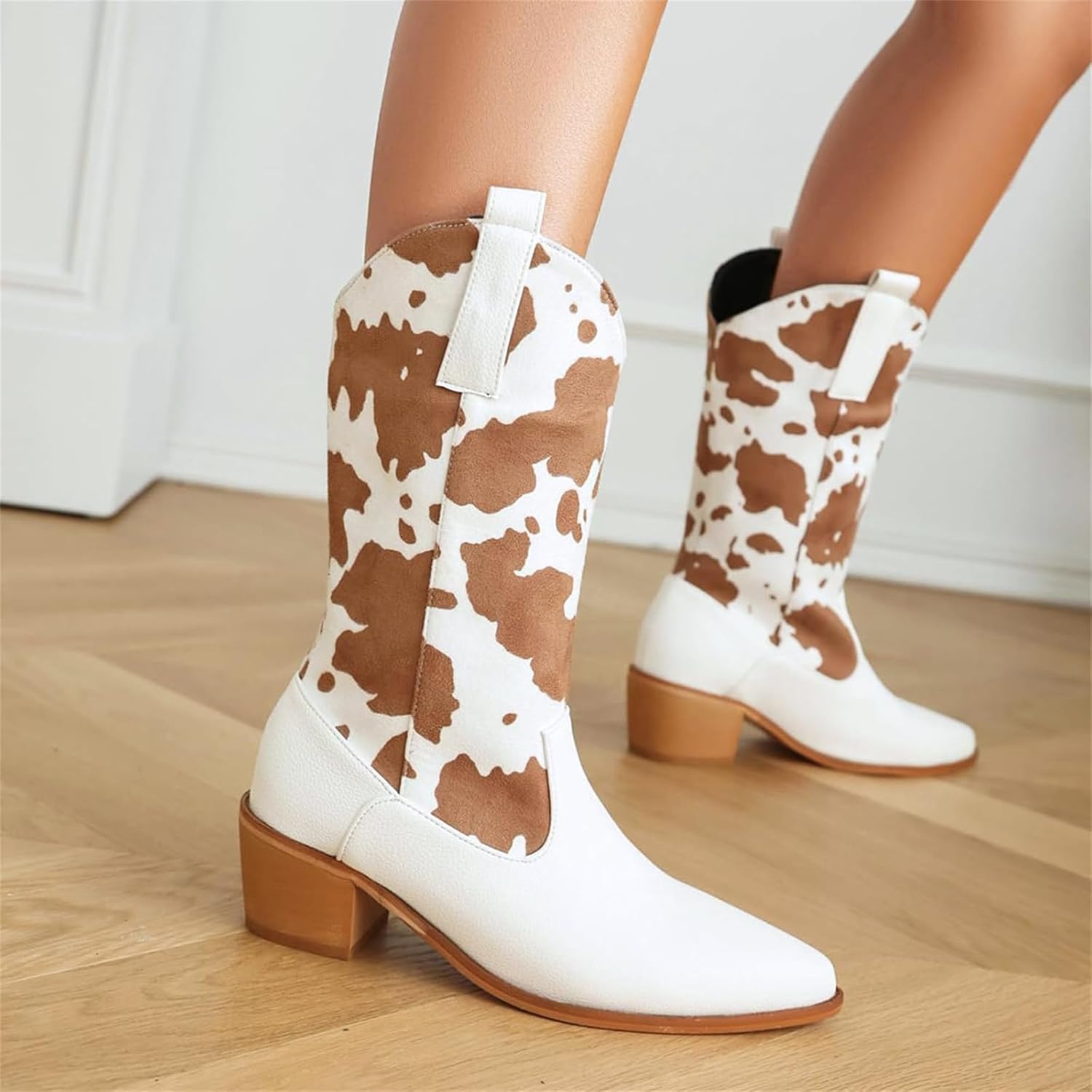 Women's Mid Calf Cowboy Boots Pointed Toe Chunky Heel Half Boot Cow Print Mid Calf Cowgirl Western Boots