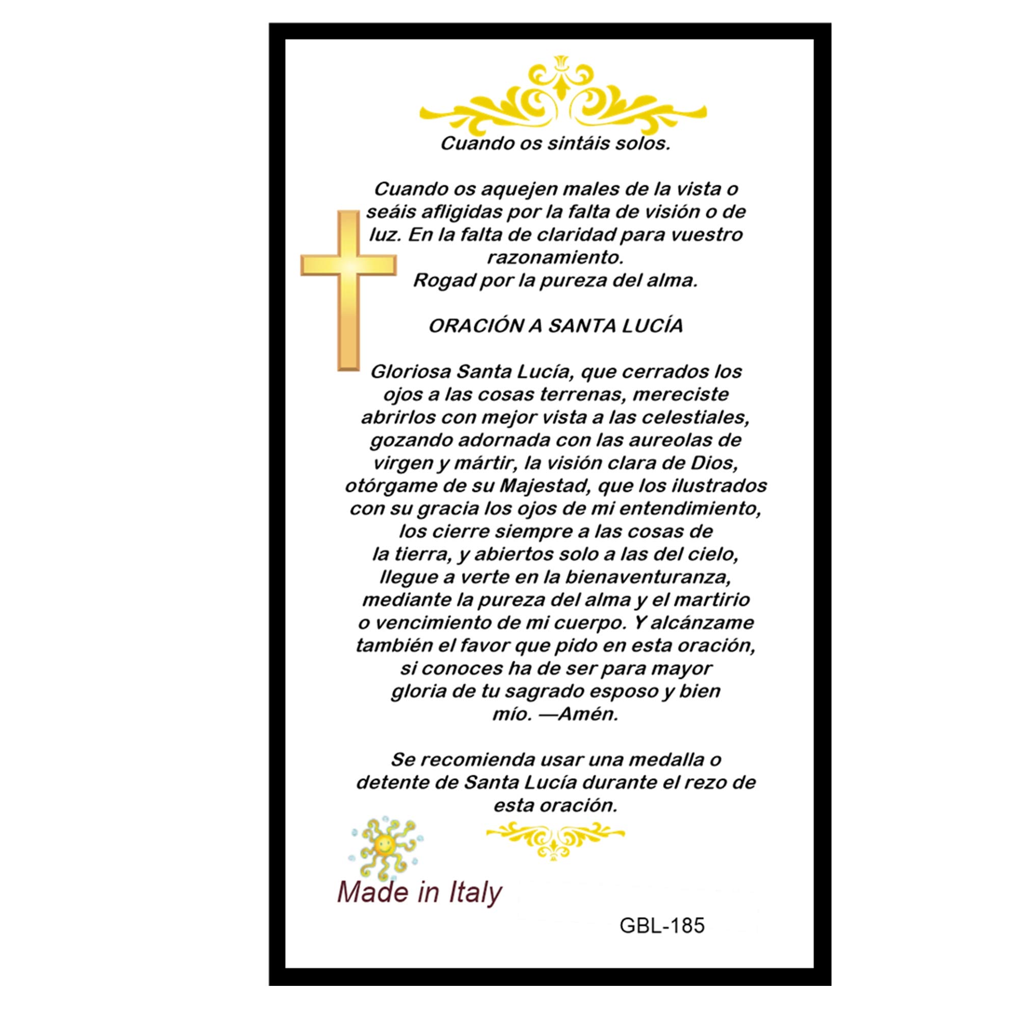 Gifts by Lulee, LLC Oracion a Santa Lucia Tarjeta De Rezo Bendecida Por Su Santidad Francisco