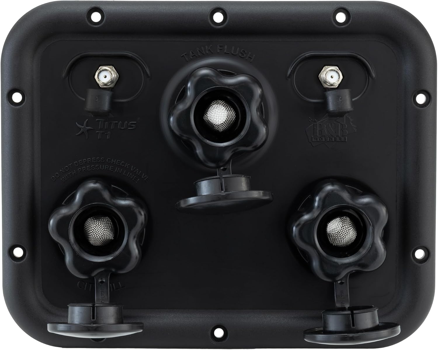 RecPro Titus T1 RV Water Inlet Panel with caps removed, showing filters