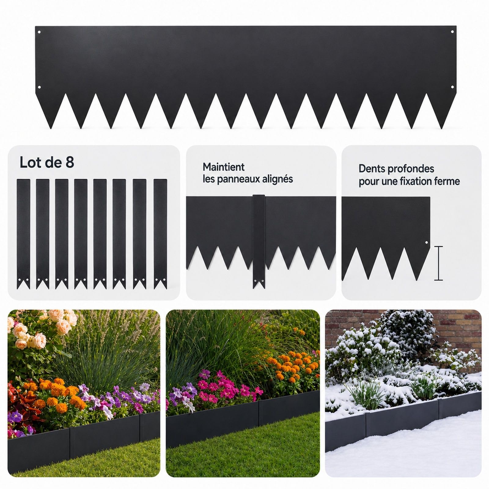 Bordure de Jardin en métal, Lot de 6, Acier galvanisé Noir, avec 8 Clips de Fixation, pour pelouse, massifs de Fleurs et allées