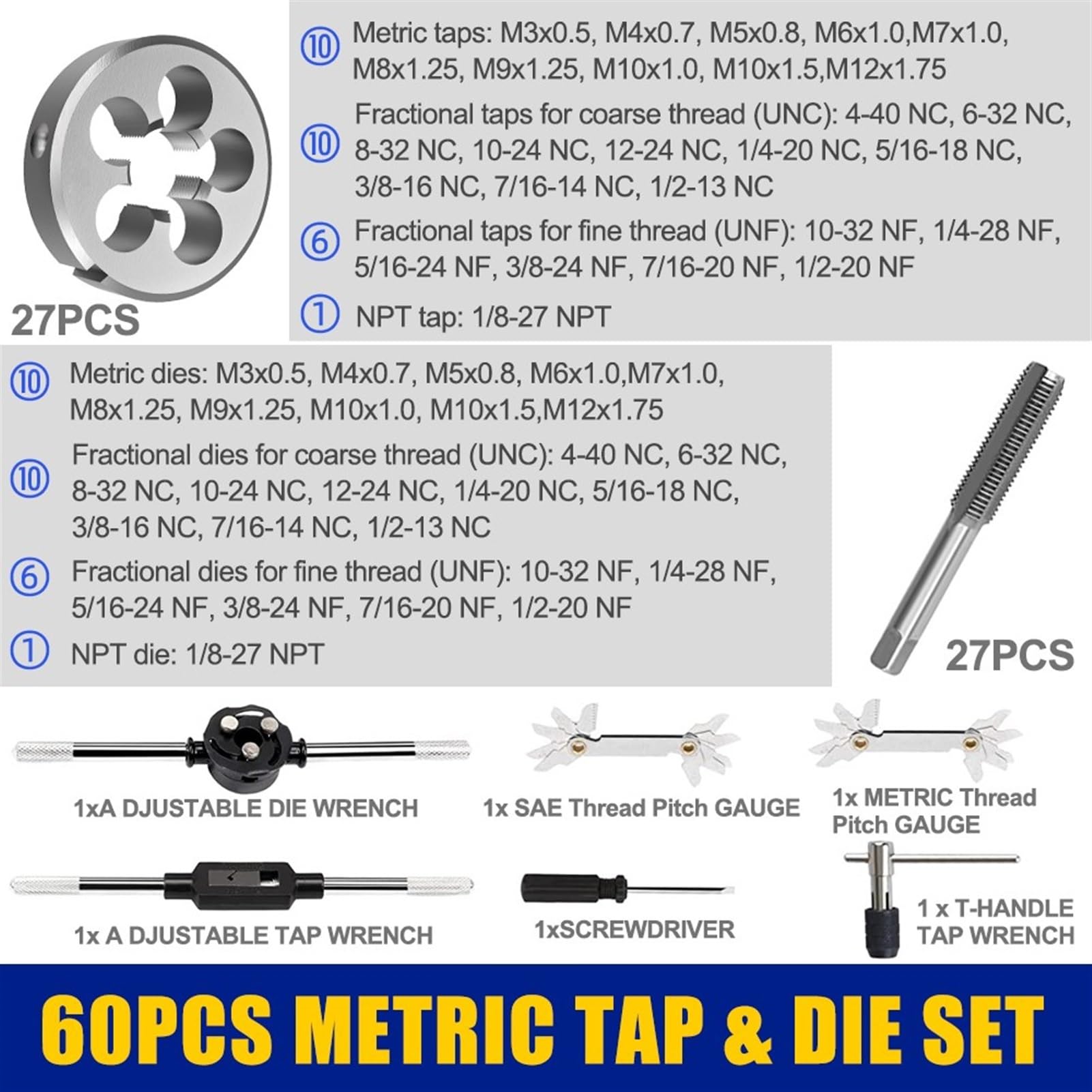 Juego de 60 machos y terrajas de Acero para cojinetes de tamaño métrico y en Pulgadas para roscas Gruesas y Finas. Herramientas manuales.