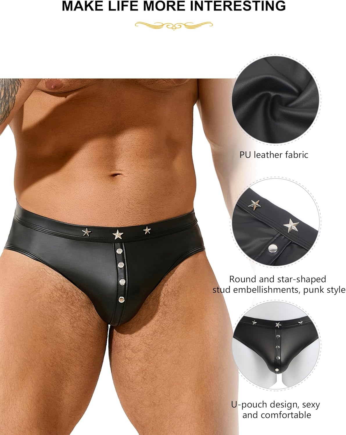 comeondear Mens Faux Leather Brief Thong with Punk Rivet Black Sexy Thong Underwear Plus Size Trunks Hipster - Image 5
