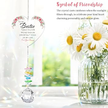 Best Friend Birthday Gifts for Women, Bestie Gifts for Female Friend Soul Sisters, Galentine Valentines Day Friendship Thank You Gifts, Sun Catcher with Crystals for Indoor Window Hanging