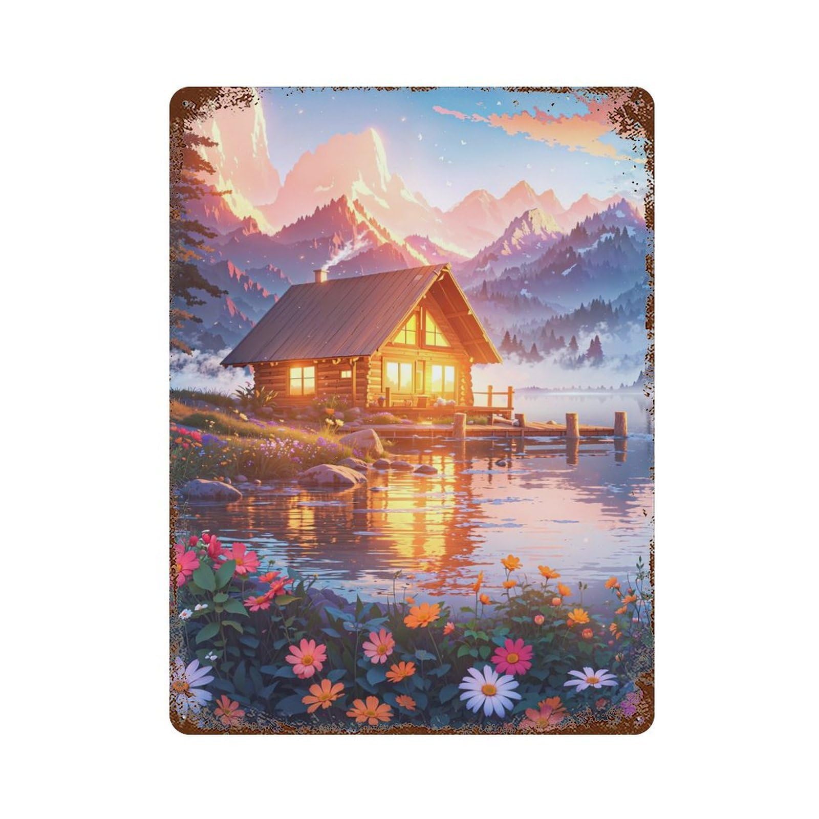 Rust Effect Serenity Lake Aged Metal Wall Plaque 15.7"x11.8", Rustic Home Decor for Bistro, Counter And Cafe Decor