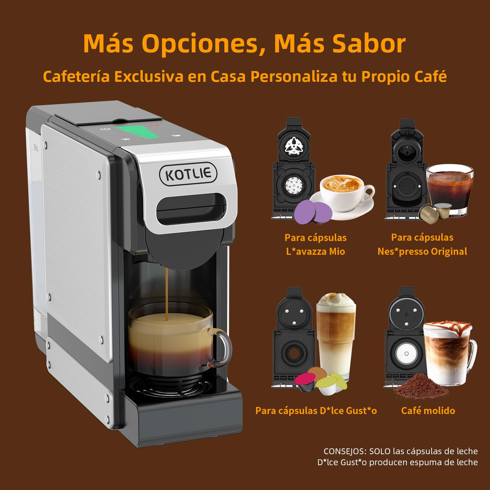 4 en 1 Máquina de Café en Cápsulas 19BAR para Lavazza MIO/Nespresso Original/Dolce Gusto cápsulas y Café Molido, Máquinas Automáticas de Café Espresso en Cápsulas Pequeñas, 1L, 1450 W (BLACK-ES) | 4 en 1 para cápsulas y polvos NES originales, DG*/Mio, 7 c