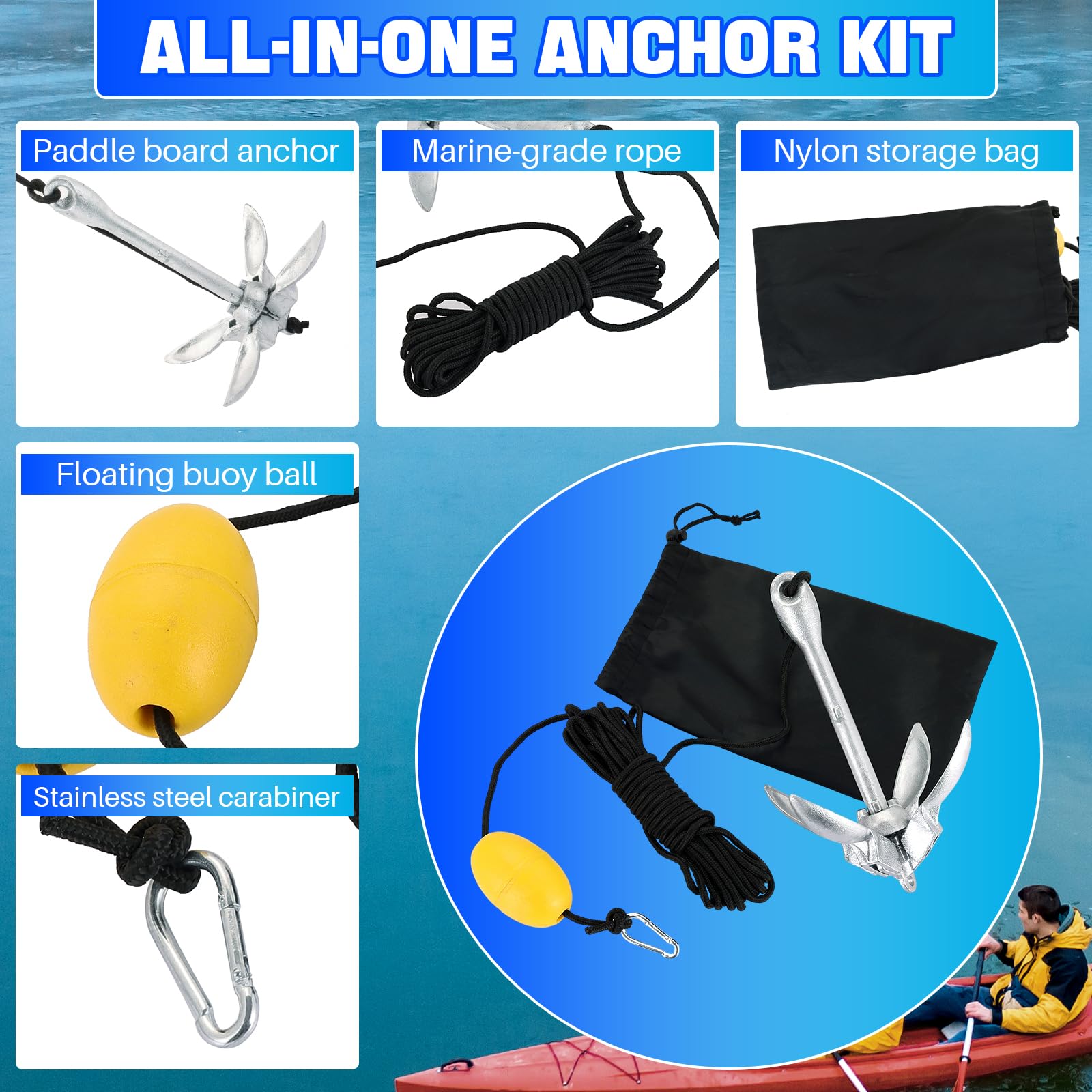 DASBET Anclaje plegable para kayak, 1,5 kg, ancla compacta con 12 m x 6 mm, kit de anclaje para tabla de remo de pesca, kayaks, canoas, motos acuáticas