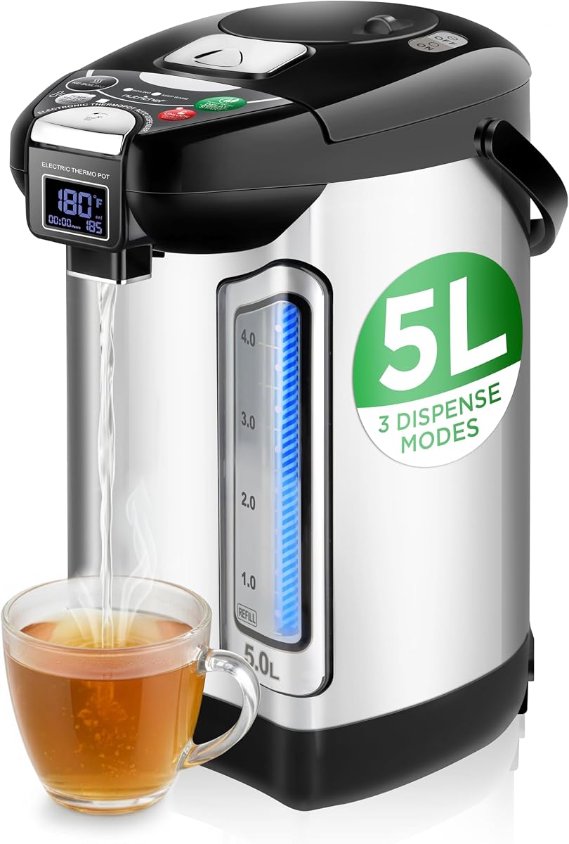 NutriChef Caldera y calentador de agua digital - Dispensador de agua caliente eléctrico de acero inoxidable de 5 l/5,28 qt con pantalla LCD, base giratoria, mantiene caliente, apagado automático, bloqueo de seguridad, calentamiento instantáneo para café y té