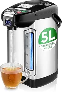 NutriChef Digital Water Boiler and Warmer - 5L/5.28 Qt Stainless Electric Hot Water Dispenser w/LCD Display, Rotating Base, Keep Warm, Auto Shut Off, Safety Lock, Instant Heating for Coffee & Tea
