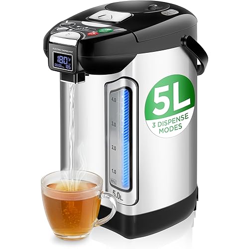 NutriChef Digital Water Boiler and Warmer - 5L/5.28 Qt Stainless Electric Hot Water Dispenser w/LCD Display, Rotating Base, Keep Warm, Auto Shut Off, Safety Lock, Instant Heating for Coffee & Tea