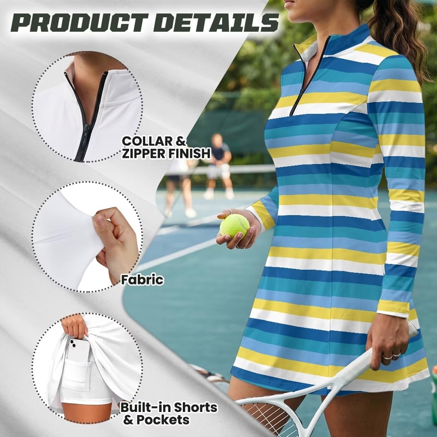 COEQINE Blue White Stripe Tennis Dresses for Women with Shorts Long Sleeve