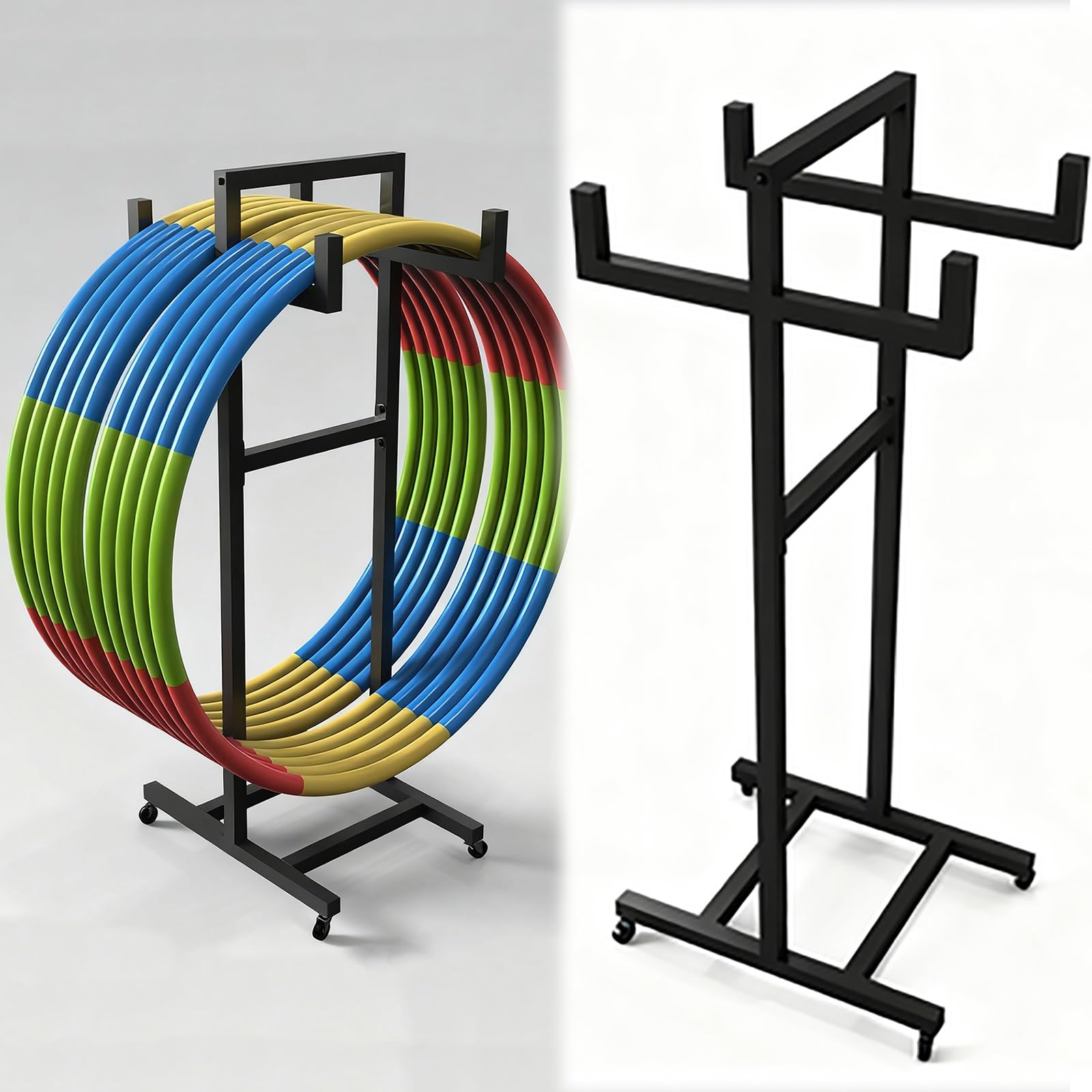 Hula Hoop Halterung Vertikaler tragbarer Fitness-Ringständer, 4-Rad-Ausstellungsständer für Hula-Hoop und Springseil, Organizer-Halter für Sportgeräte