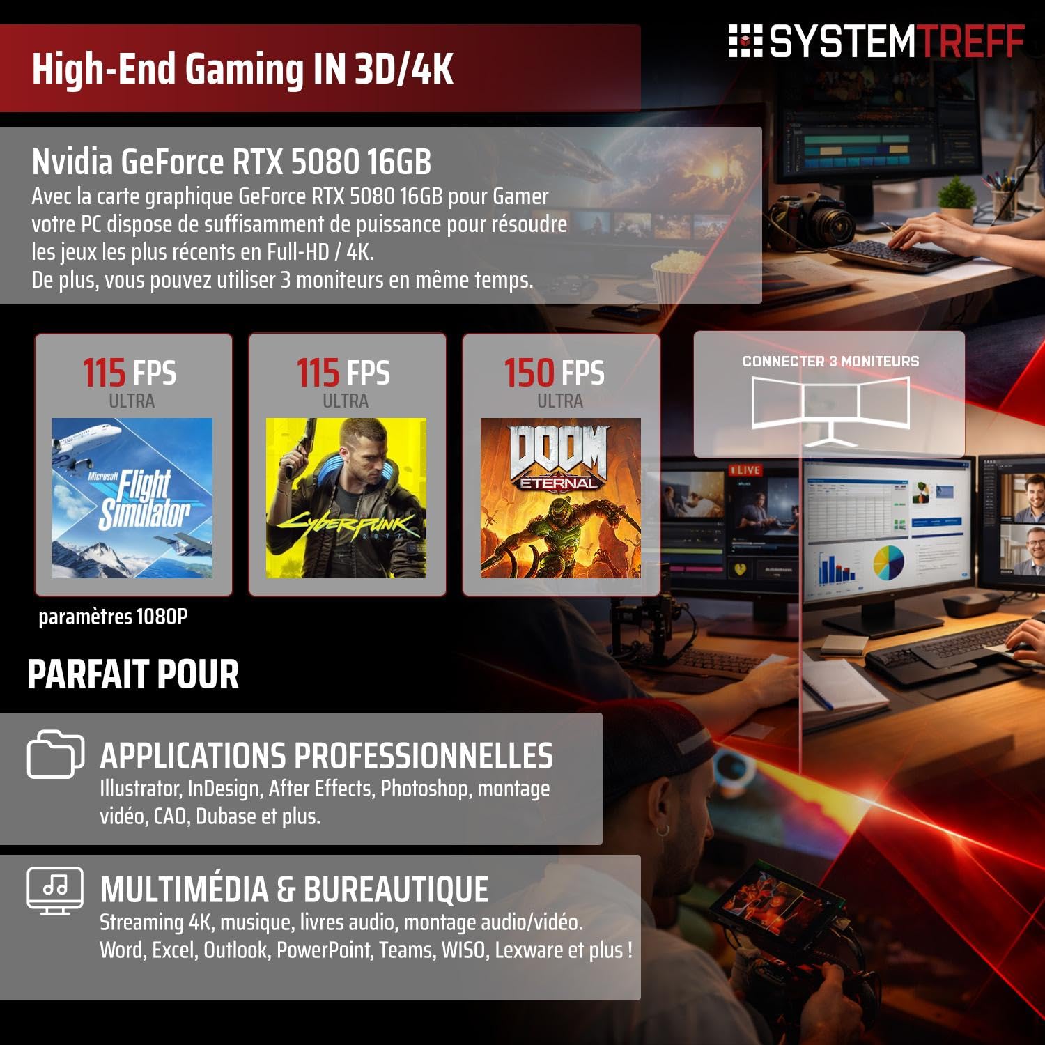 SYSTEMTREFF PC Gamer High-End - AMD Ryzen 7 9800X3D - RTX 5080 16Go | AMD 8 cœurs jusqu'à 5.2 GHz, 32Go DDR5, 2To M.2 NVMe SSD, Nvidia graphique WiFi, Windows 11, pour le gaming, streaming