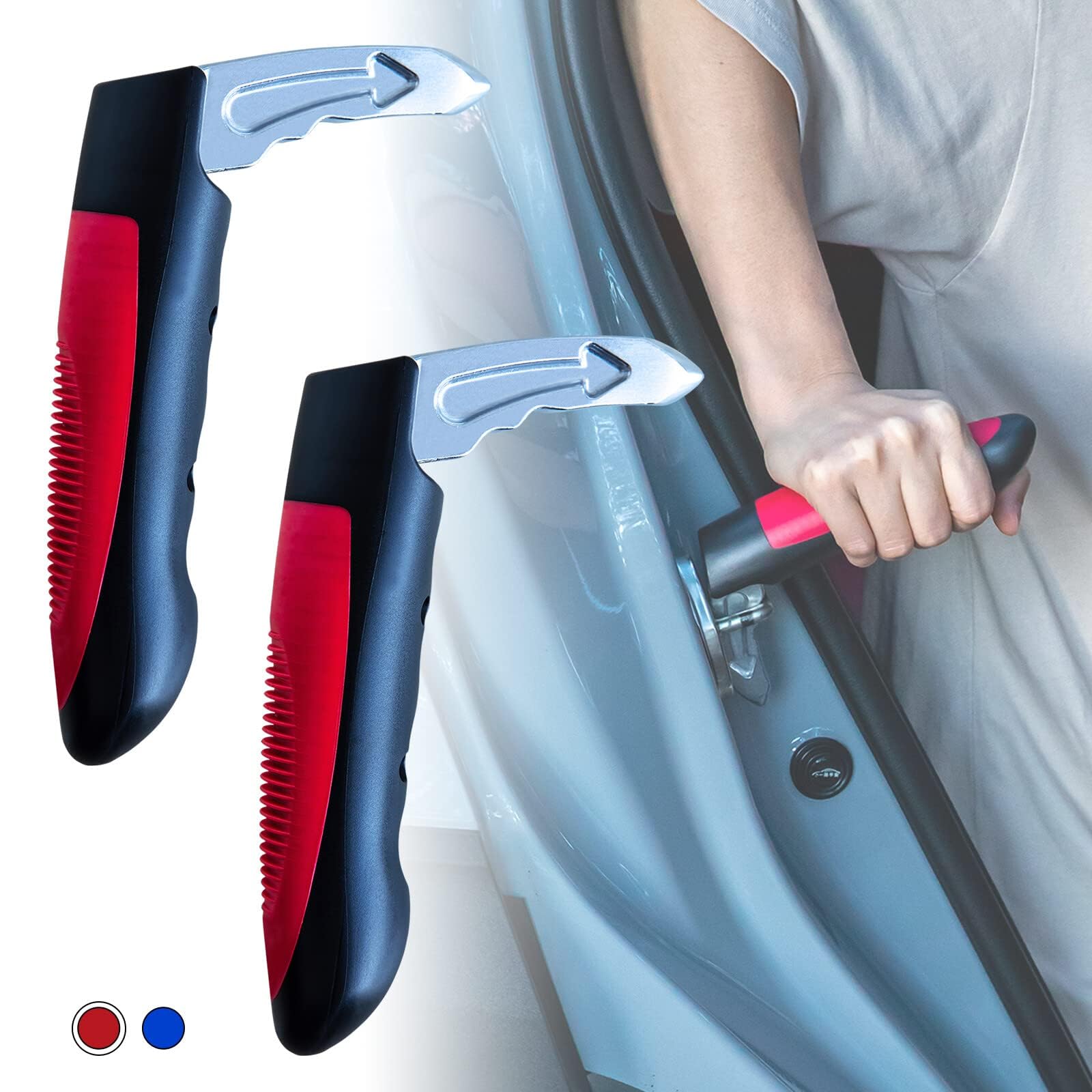 2PCS Portable Vehicle Support Handle, Car Door Latch Assist Grab Bar, Elderly Automotive Door Assist Handle, Standing Mobility Aid for Car with Glass Breaker（Red