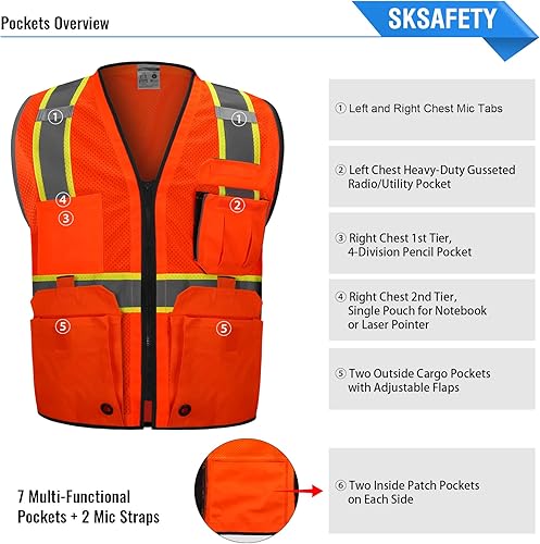 Miniatura 4 de SKSAFETY Chaleco de seguridad de nivel profesional de 10 bolsillos, chaleco de seguridad de alta visibilidad clase 2 con cremallera, chaleco de alta