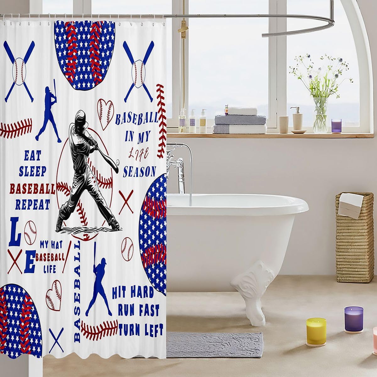 Feelyou Personalized Baseball Shower Curtain Eat Sleep Baseball Bath Curtain Sports Lover Bathroom Waterproof Accessories with 12 Hooks White Red Blue Waterproof Polyester Star Print,72x72 Inches image 3