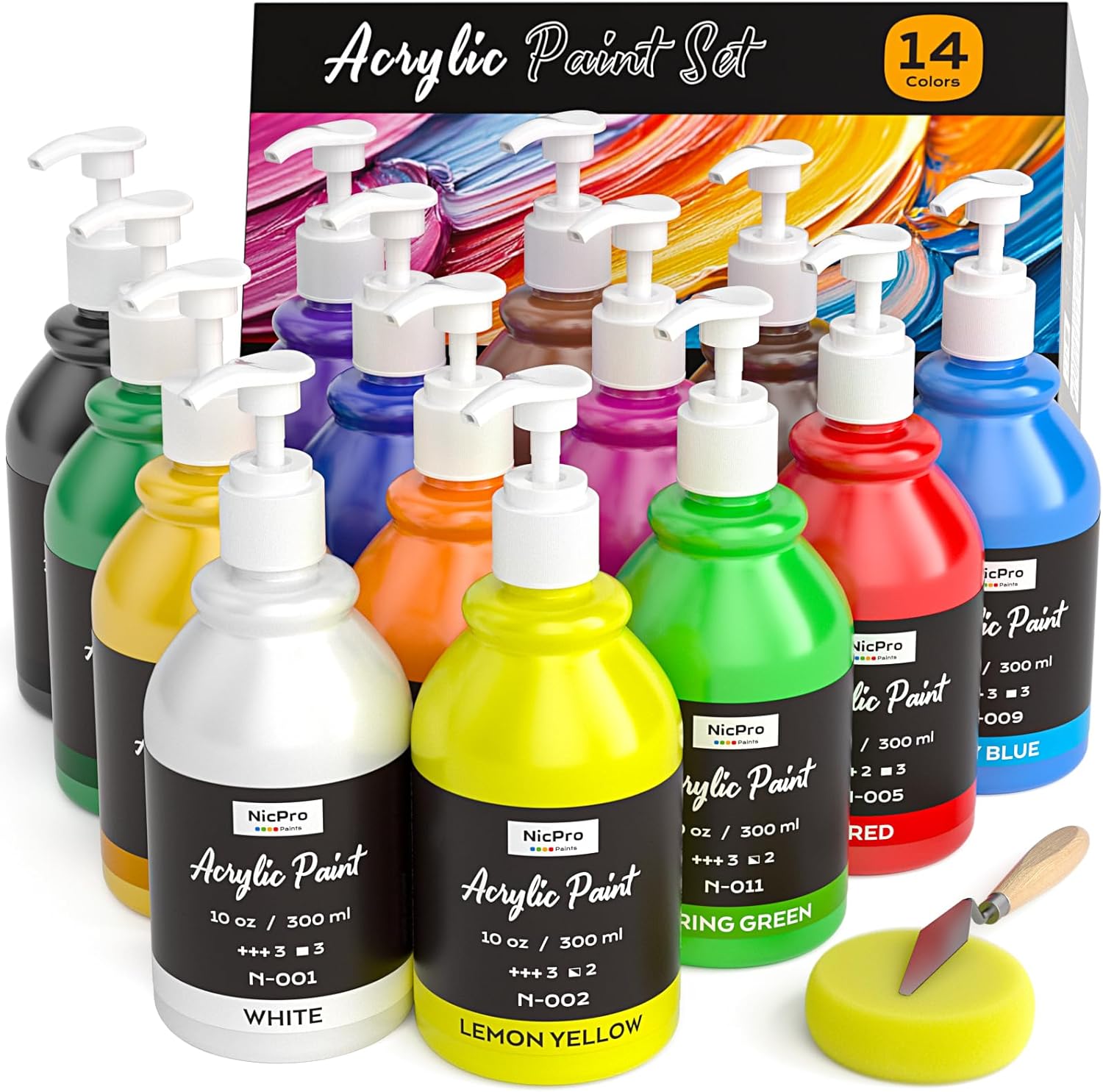 Nicpro 14 Colors Acrylic Paint Set (10oz/300ml), Large Bulk Acrylic Paints kits Rich Pigment Art Painting Supplies for Artists, Beginners, Adults on Rock Crafts Canvas, Wood, Ceramic with Pump