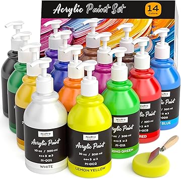 Nicpro 14 Colors Acrylic Paint Set 10oz/300ml, Large Bulk Acrylic Paints kits Rich Pigment Art Painting Supplies for Artists, Beginners, Adults on Rock Crafts Canvas, Wood, Ceramic with Pump