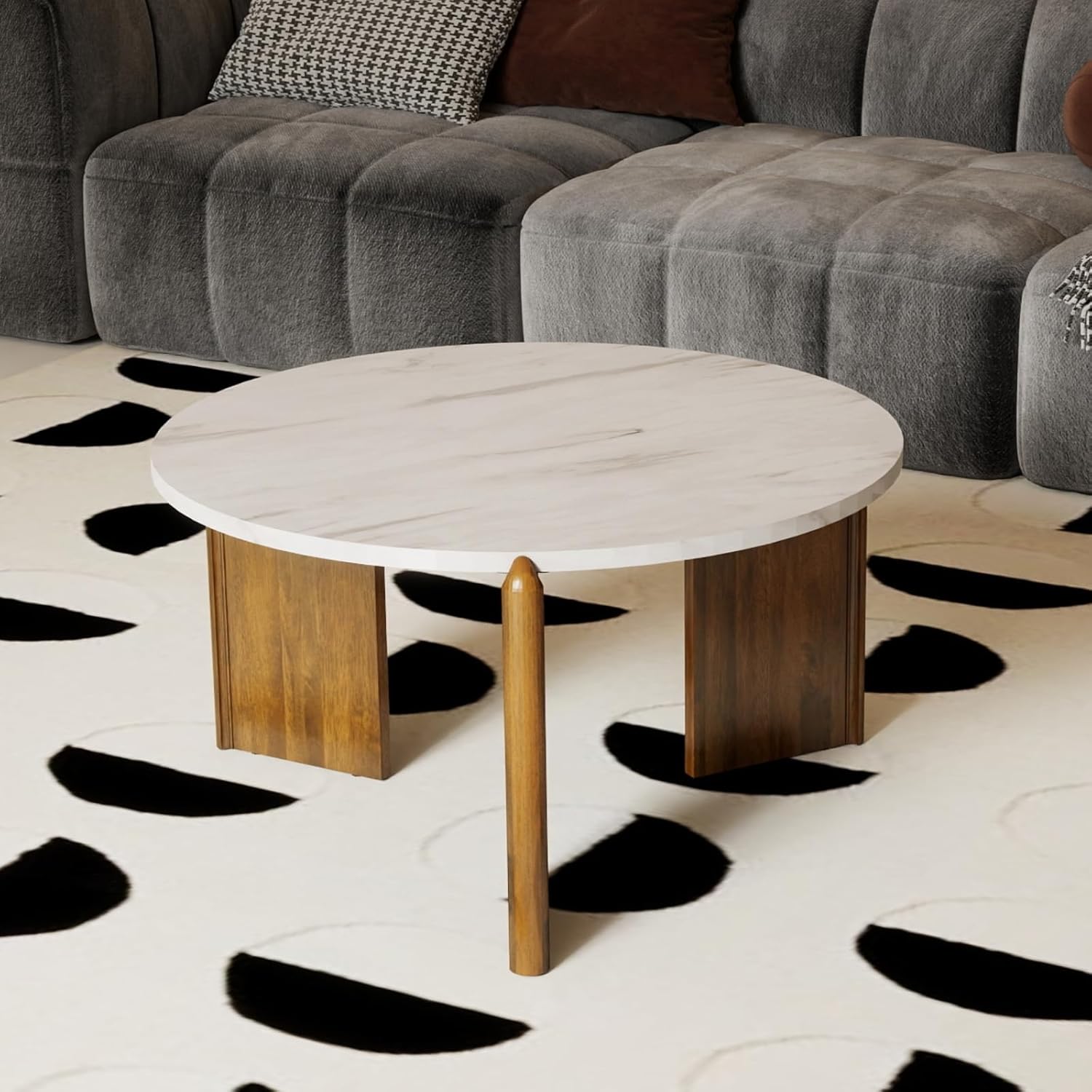 DUOMAY Modern Faux Marble Round Coffee Table, 32'' White Circle Coffee Table Center Cocktail Table for Living Room Apartment, Farmhouse Side Table for Family Office