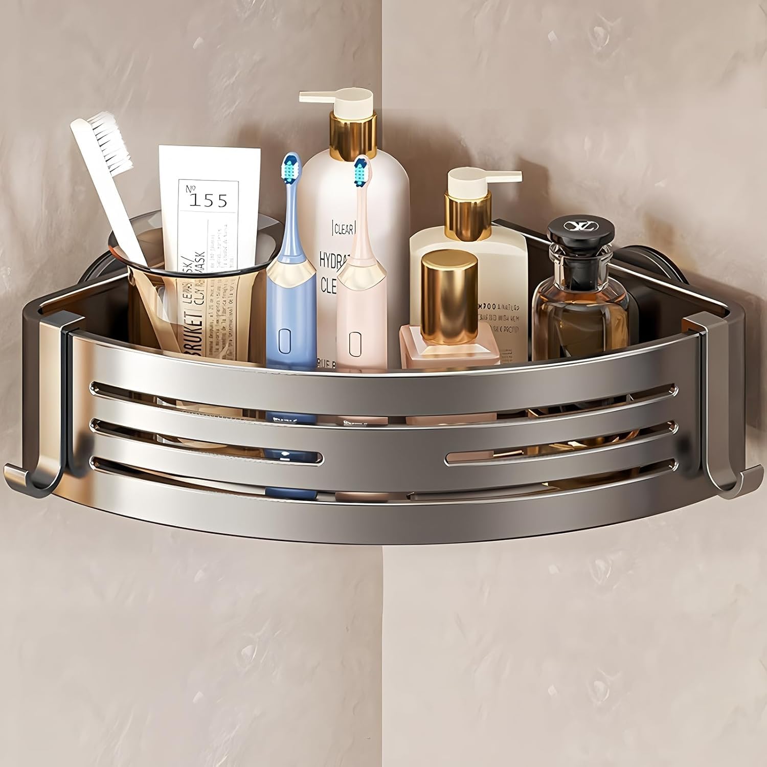 Corner Shower Caddy Suction Cup Shower Shelves with Hooks No Drilling Powerful Suction Bathroom Organizers and Storage Removable
