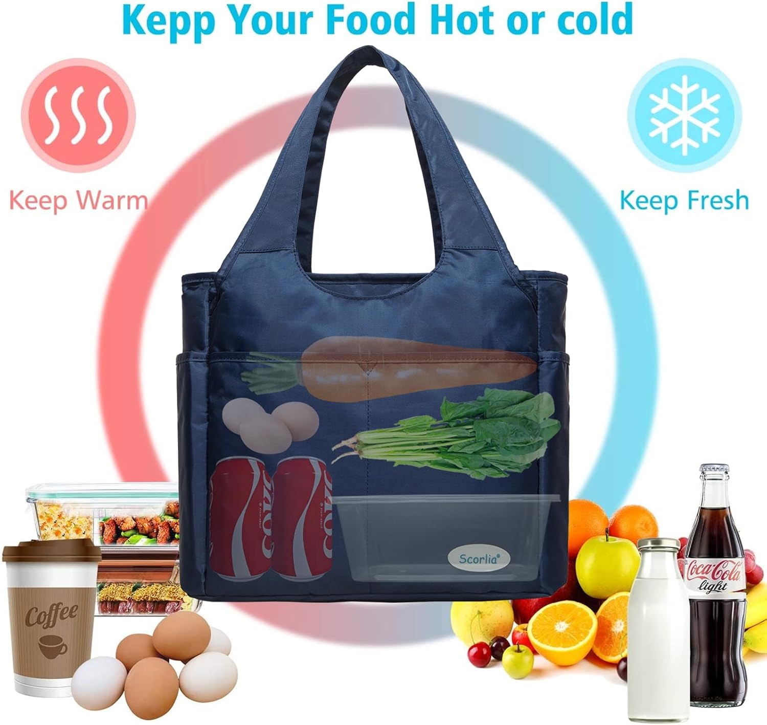 Large Insulated Lunch Tote Bag for Women Men, Leakproof Cooler Lunch Box Shoulder Purse with Side Pockets for Work - Blue