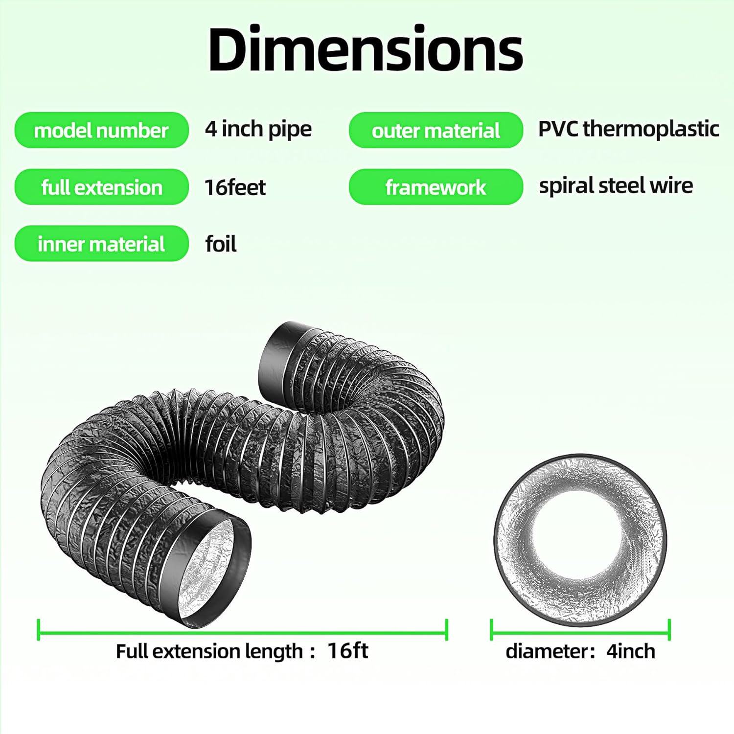 Dryer Vent Hose, 4inch 16FT Flexible Aluminum Pipe with Two Clamps and One Tape, Suitable for Kitchen, Bathroom, Drying Room, HVAC Ducting (4 in x16 FT)