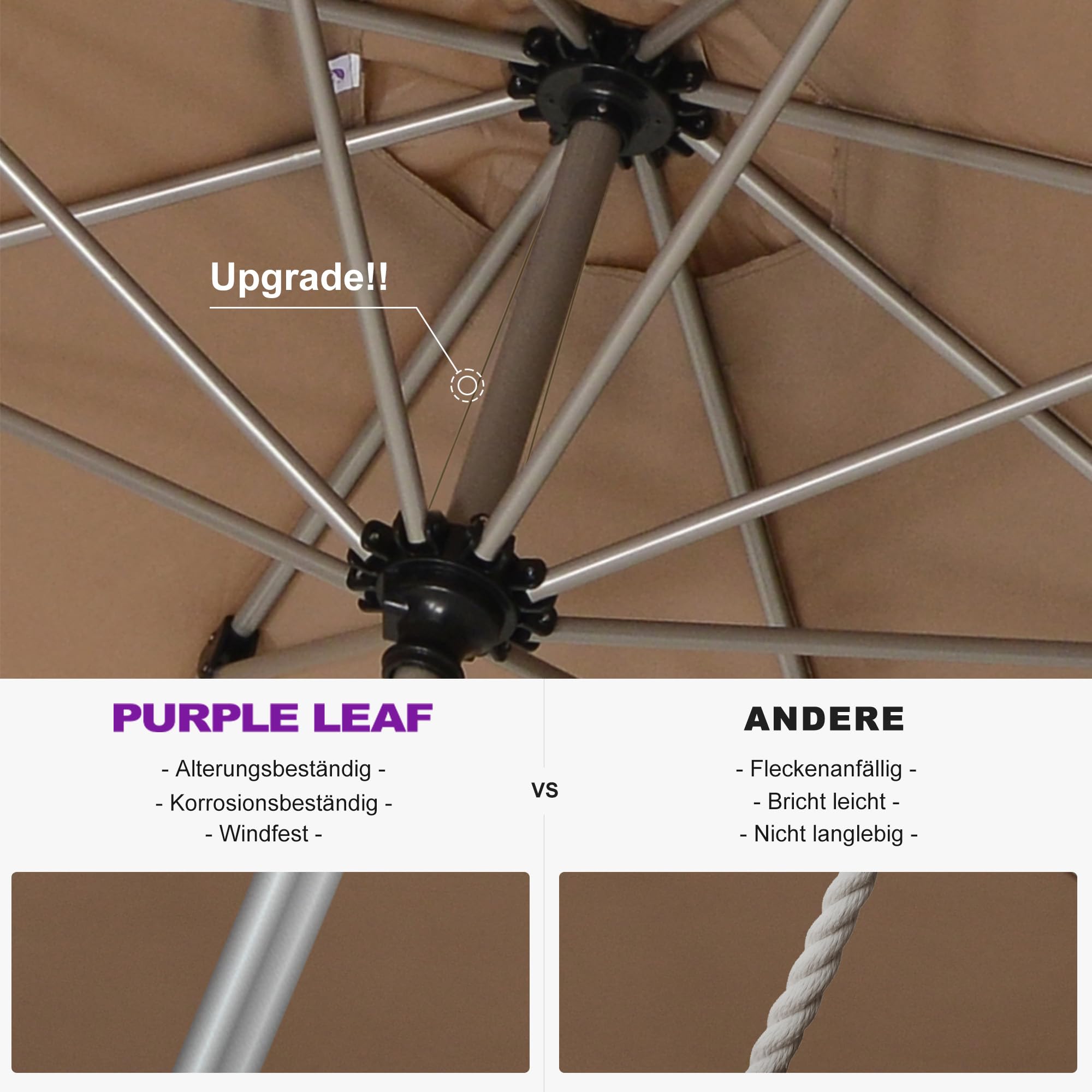 PURPLE LEAF Marktschirm 270 × 350 cm Rechteckig mit Kurbel UV-Schutz, Taupe | Robustes Aluminium, Wasserabweisend, Einfache Montage, Leichtgängige Kurbel, Sonnenschirm UV-Schutz XL-Schatten für Gewerbe