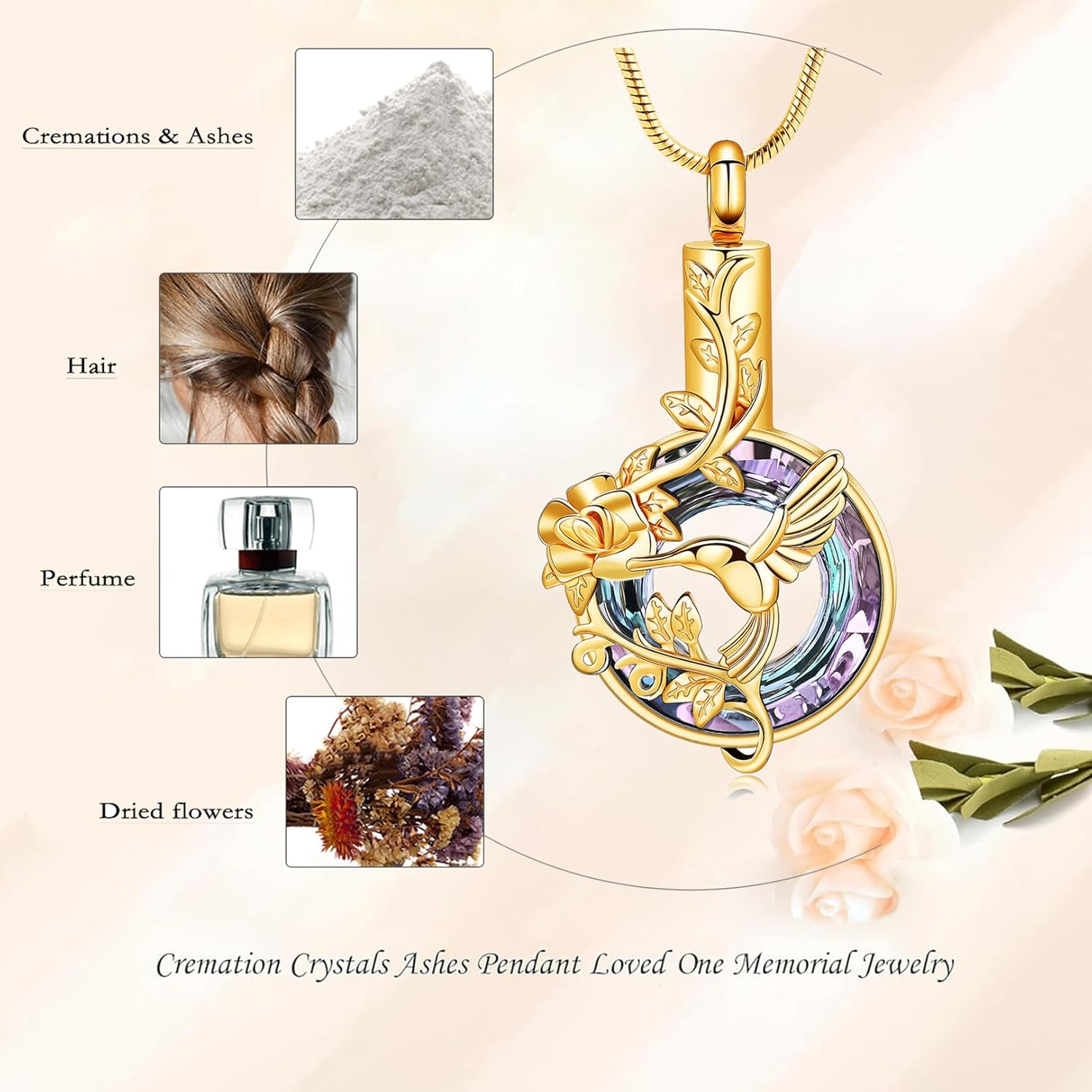 Hearbeingt Hummingbird Urn Necklaces for Ashes Circle Crystal Cremation Jewelry for Women Men Memorial Necklace Ash Holder for Human Pets Keepsake Jewelry for Loved Ones with Fill Tool - Image 8