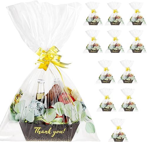 12 cestas de agradecimiento vacías con grandes bolsas de celofán y corbatas, cestas de regalo para bodas, cumpleaños, baby shower, aperitivos, dama