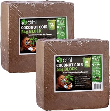 Dihl 2x 5KG Organic Coconut Coco Coir Fibre Compost Block Bricks, Each Expands to 70 Litres, 100% Natural Compressed Peat-Free Garden Growing Medium, Seedling Potting Bedding Soil, pH Balanced - 10KG