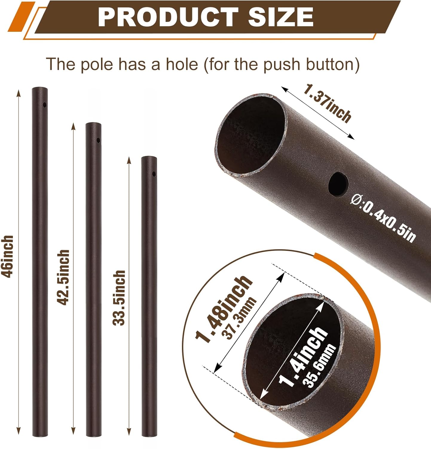 1 Pack 1.5'' Dia Umbrella Replacement Lower Pole, Heavy Steel Patio Umbrella Bottom Pole Replacement, 1.7 mm Thickness, No Bullet Buckle Outdoor Brown 33.5''