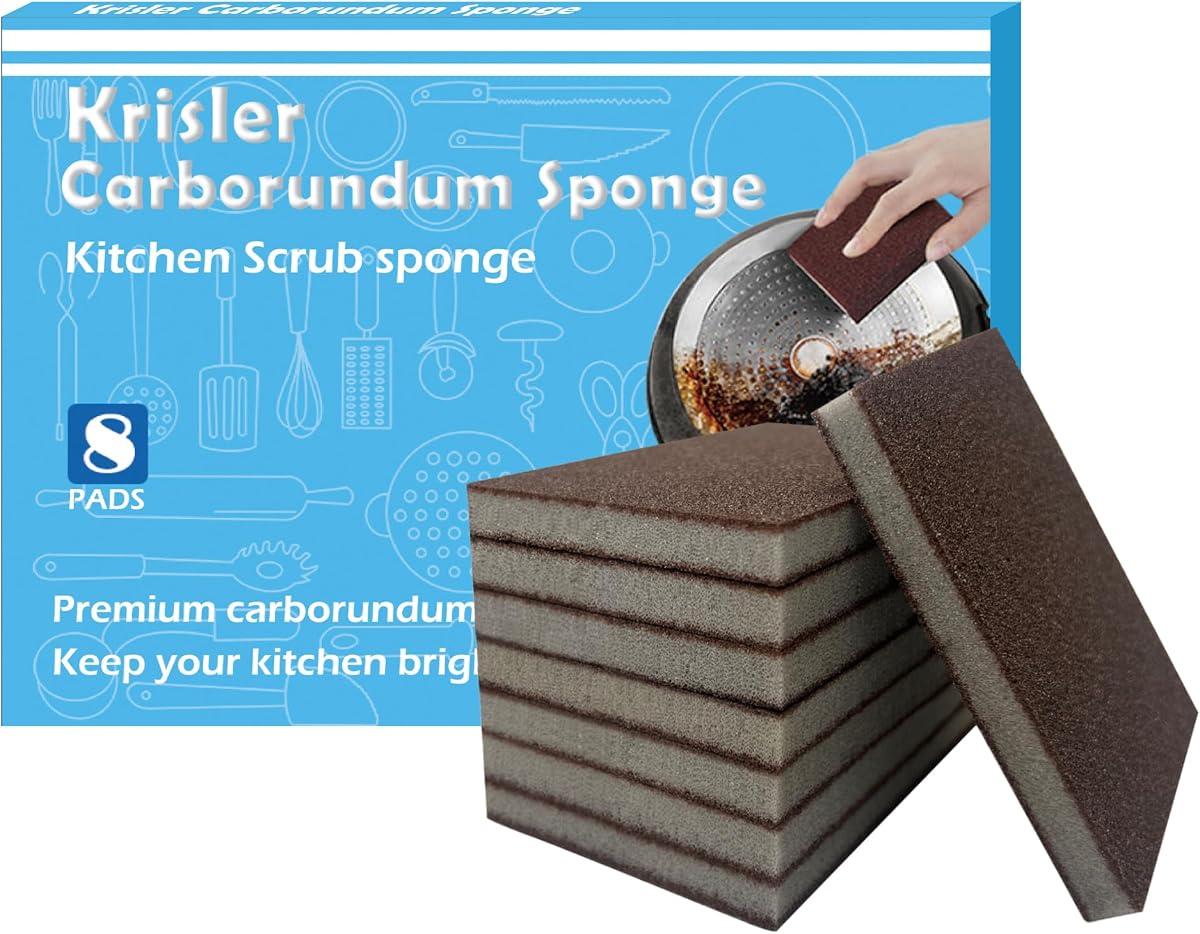 Krisler Carborundum Sponge Nano Emery Sponges, 8pc | Durable Stone Pot Clean Brush, Rust Eraser Grit Scouring Pads, Pot Cleaning Pads with Carborundum, Woks and Ceramic Stovetops