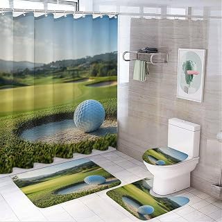 Fantasy Aesthetic Golf Balls Shower Curtain Rustic Watercolor Spring Landscape Sports Theme Golf Game Decor Bathroom Shower Curtain Set with Hooks