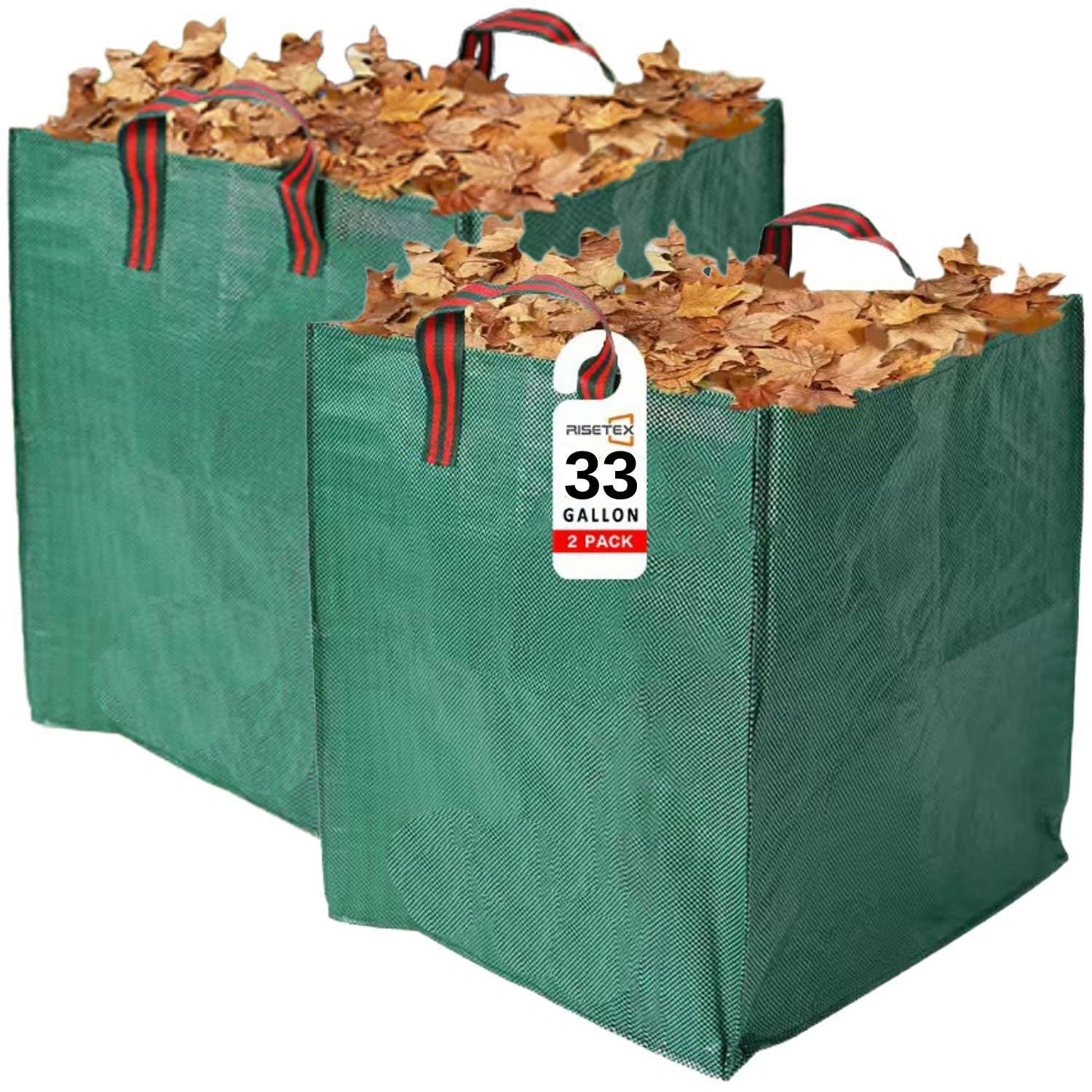 Risetex Green Leaf Collector Bags, 33-Gallon, Woven Polypropylene, Pack Of 2, Portable, Heavy Duty, Foldable, Reusable, With Reinforced Carry Handles