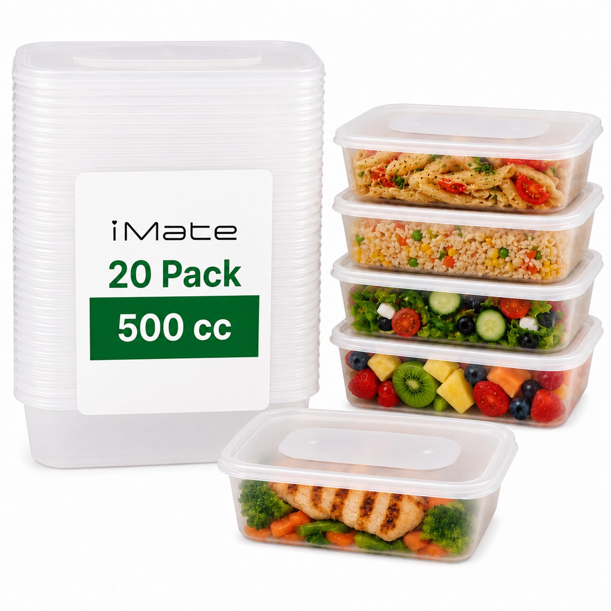 iMate 20 Pack 500ml Meal Prep Plastic Food Takeaway Containers with Lids